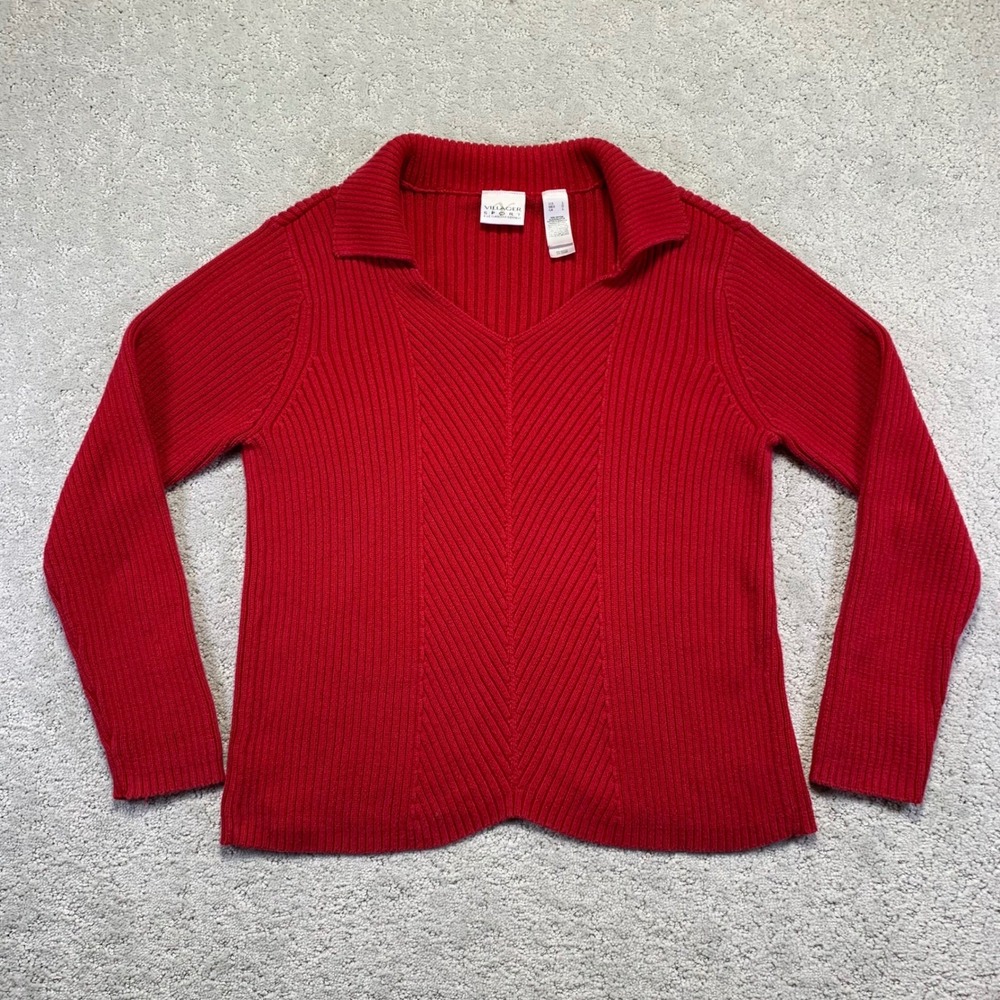 Vintage Villager Sport‎ Womens Sweater Large V Neck Collared Ribbed Knit